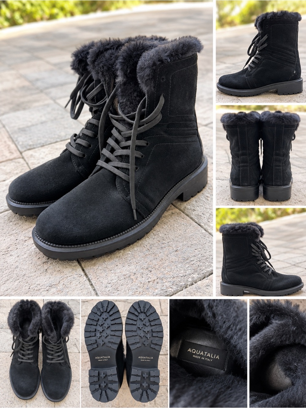 Aquatalia Black Suede Fur-Trim Lace-Up Ankle Boots winter boots italian made 9